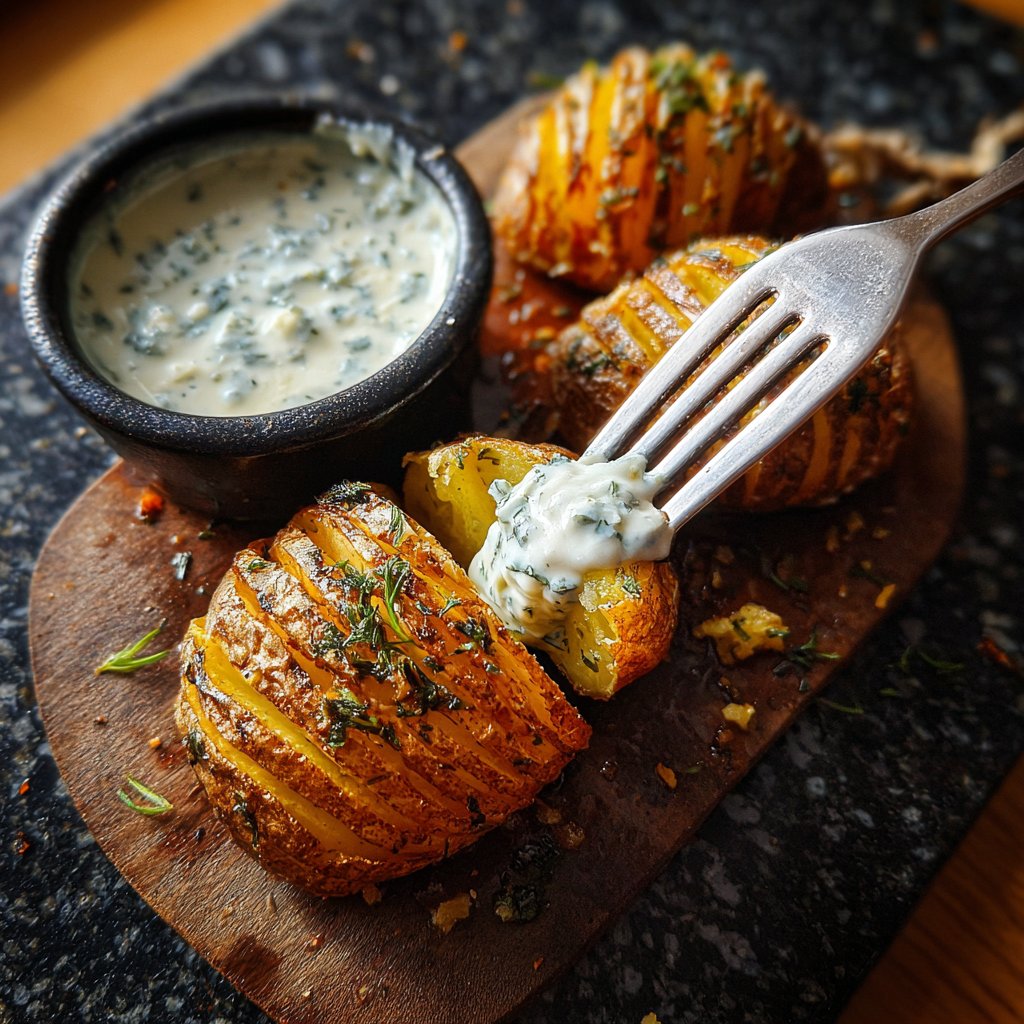 Abendessen mit Ofenkartoffeln und Dip