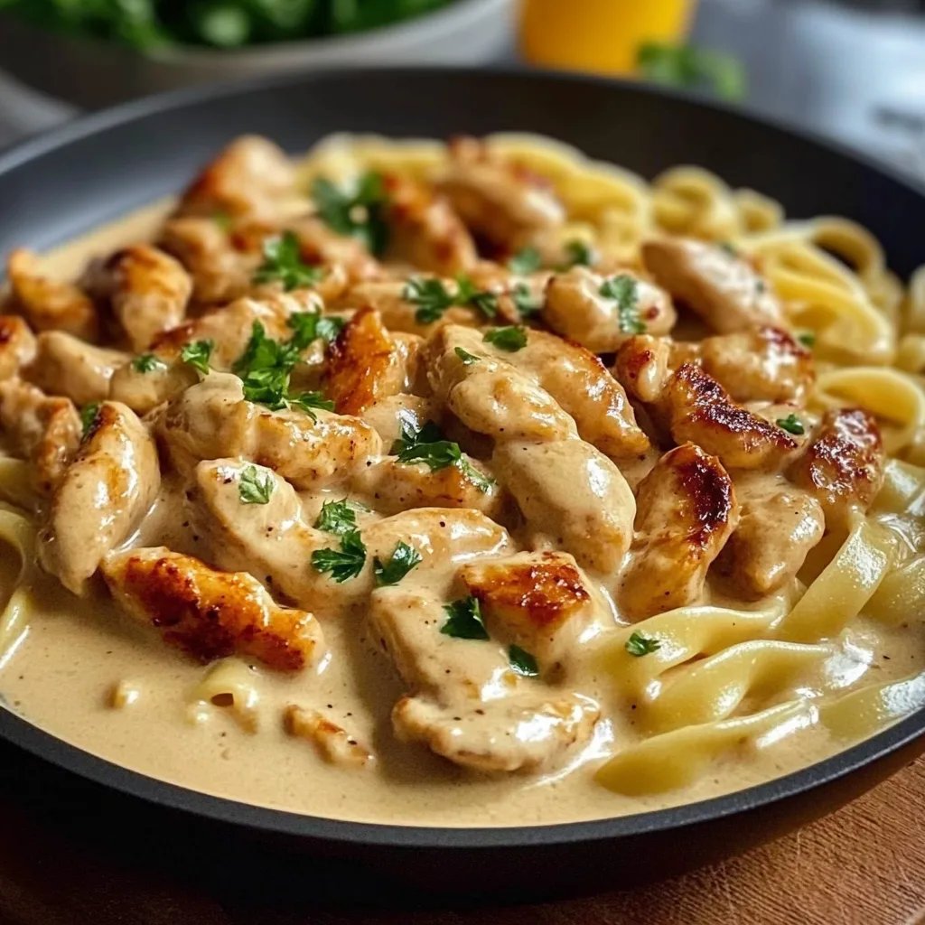 Hähnchenstreifen mit Nudeln in Sahnesauce