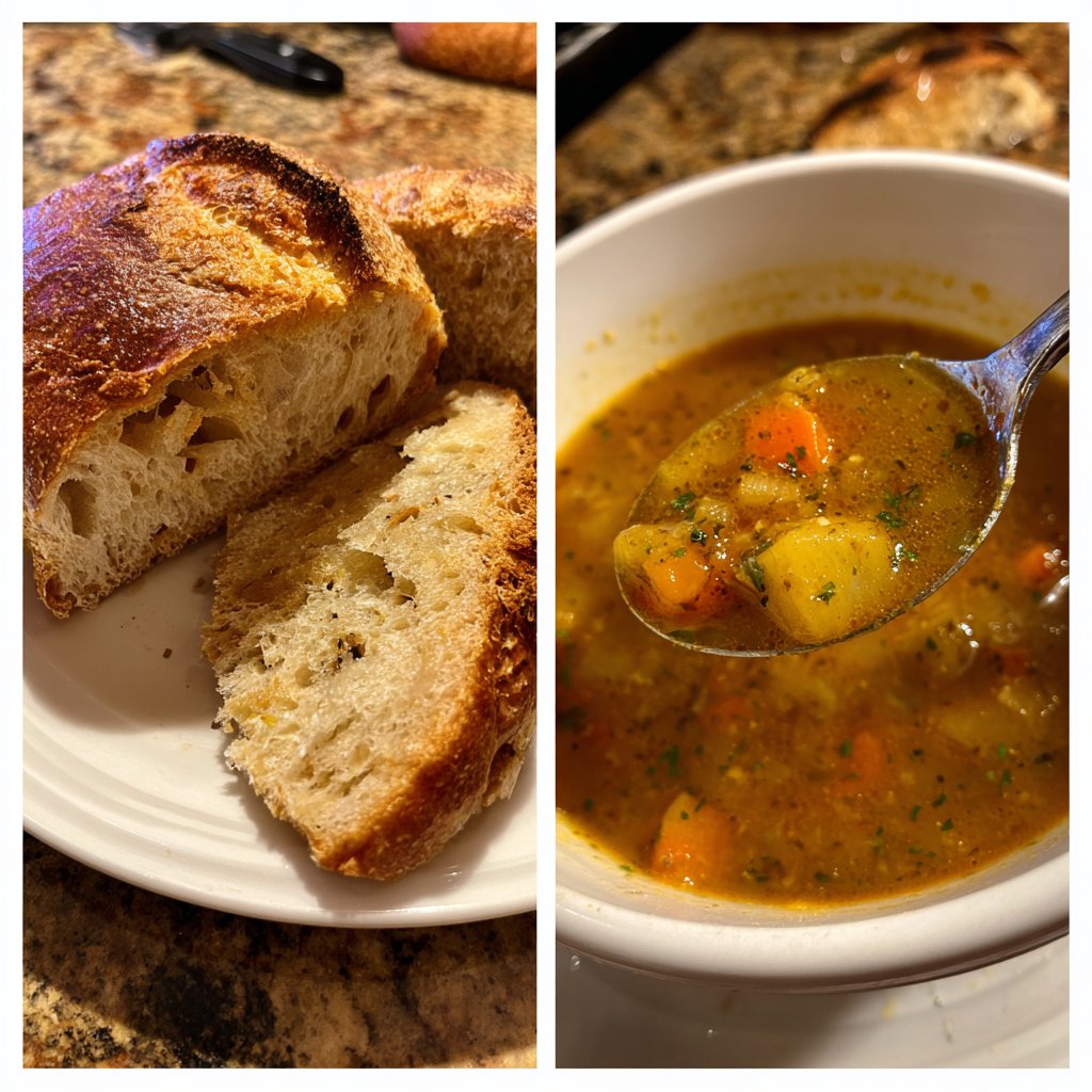 Abendessen mit Suppe und Brot