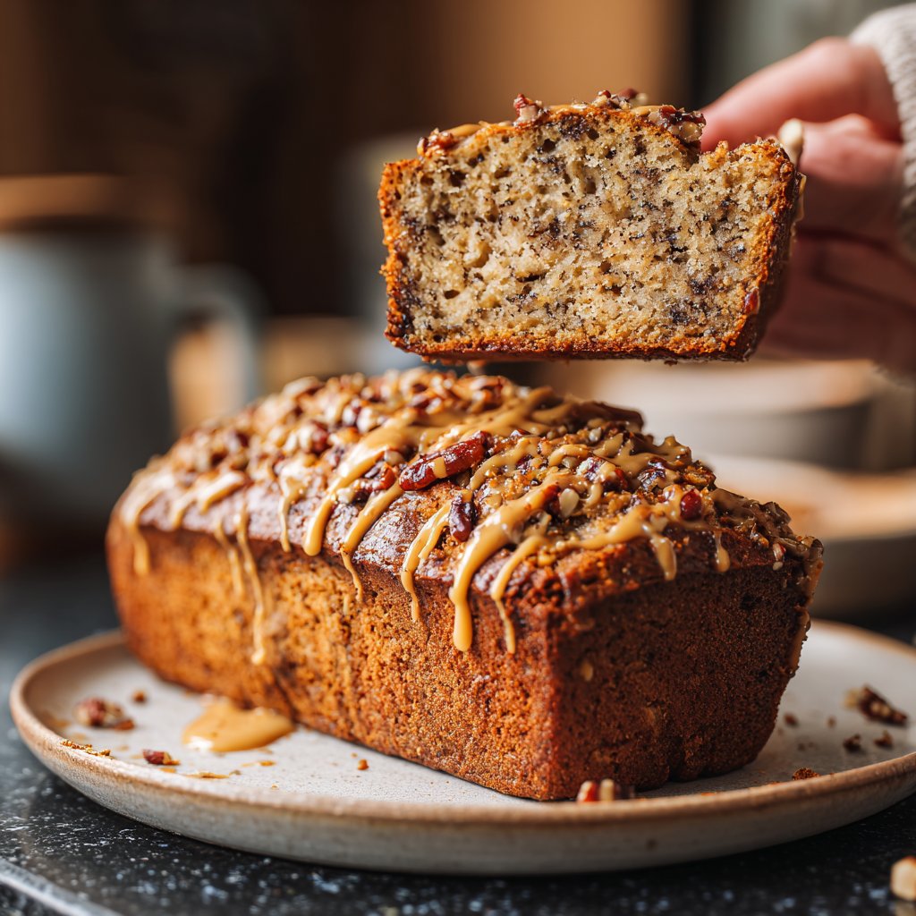 Bananenbrot mit Mandelmus und Datteln