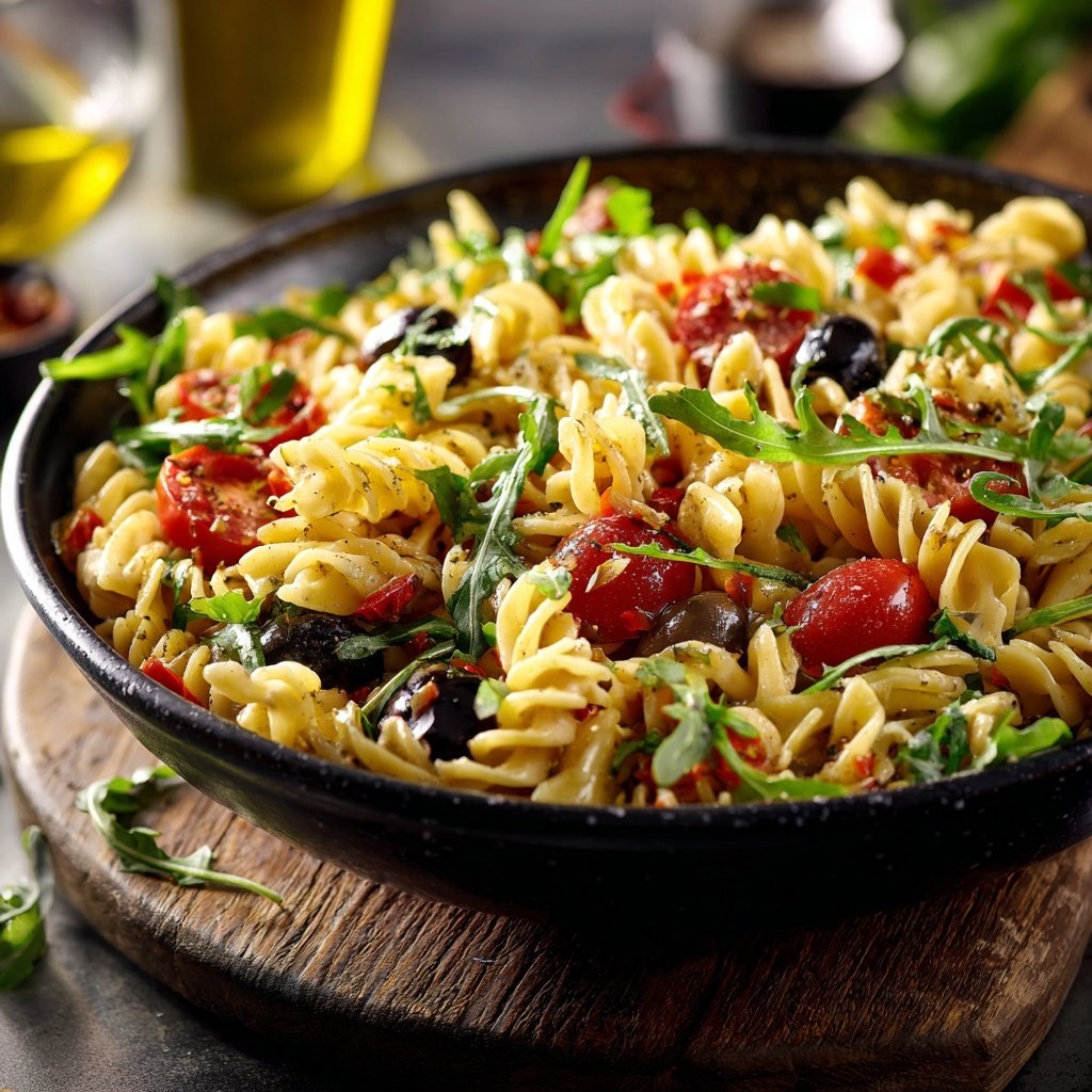 Mediterraner Nudelsalat Mit Rucola Blättern