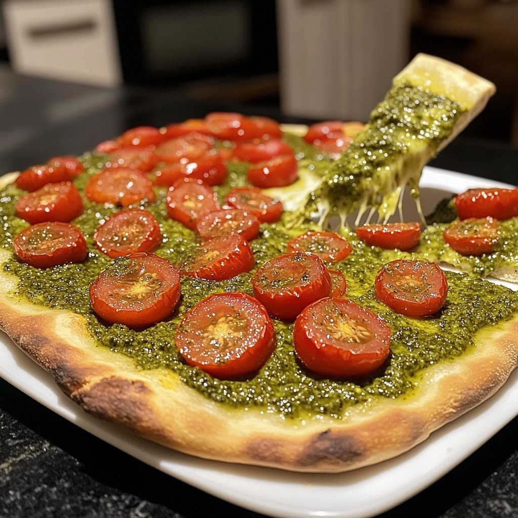 Pizza mit Pesto und Kirschtomaten